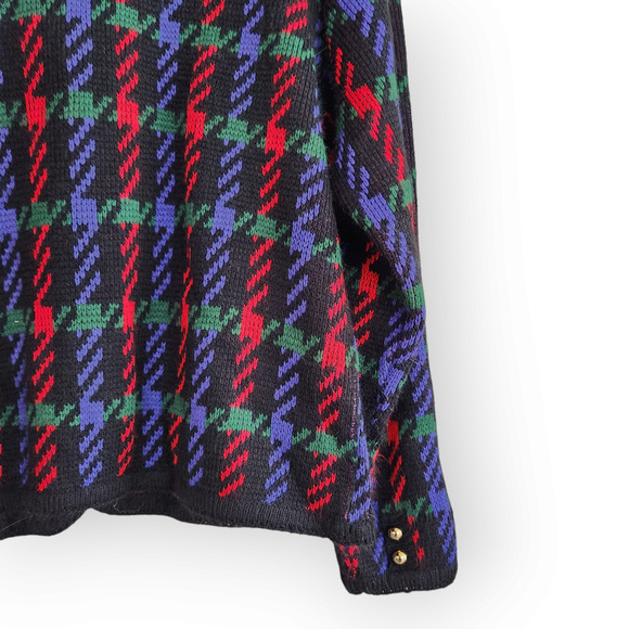Vintage Worthington Black Red Green Houndstooth Plaid Button Down Cardigan M - Picture 7 of 8
